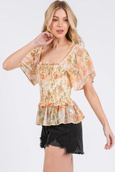 Mittoshop Floral Chiffon Smocked Square Neck Peplum Top OutfitFlow